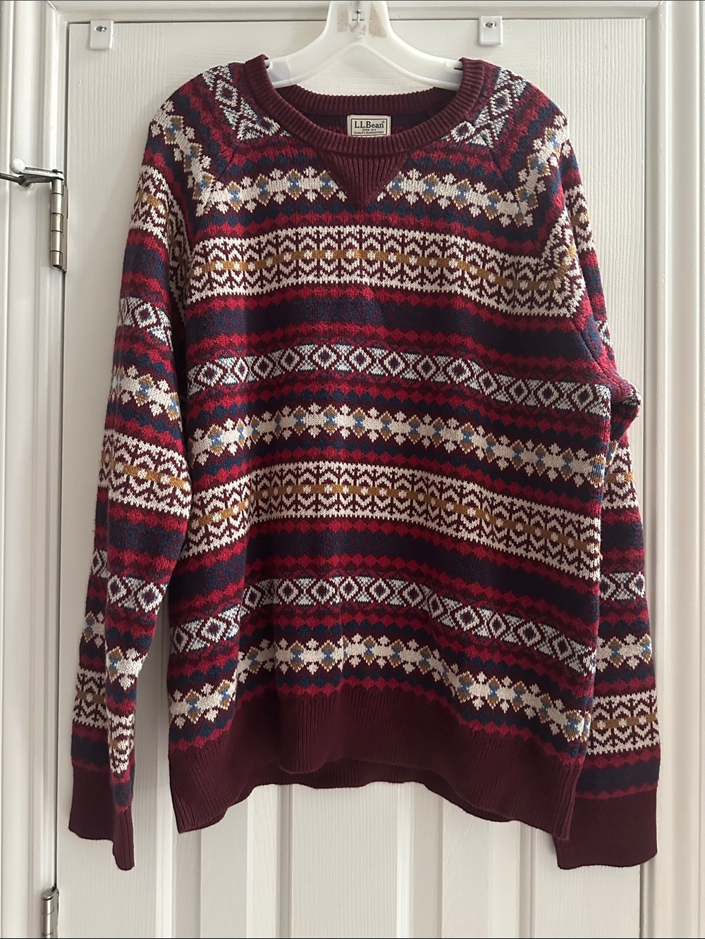 L.L. Bean Fair Isle Crewneck Sweater Maroon Earthy Men’s L Cotton Cashmere